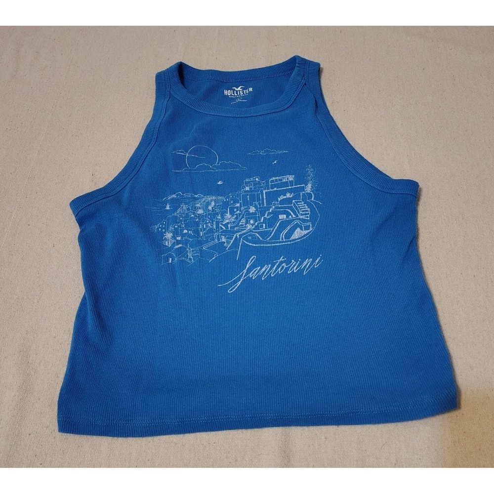 Hollister Santorini Graphic Ribbed Tank Top Blue High Neck Racerback Large 4